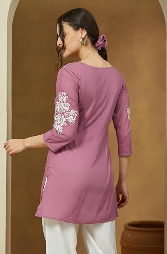 Image of Janasya Women's Purple Pure Cotton Embroidered Straight Tunic