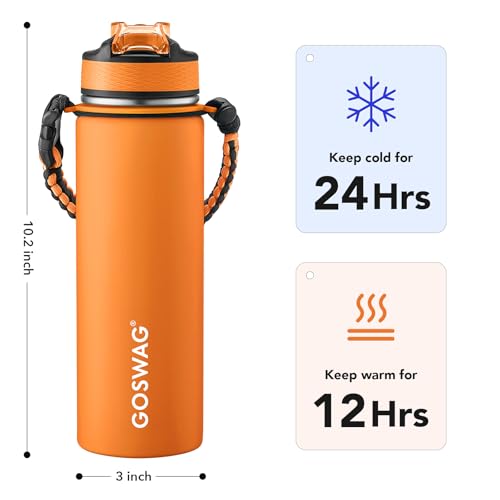 Image of GOSWAG 24oz Insulated Stainless Steel Travel Water Bottle, 2 Lids | with straw and no straw, Paracord handle, Double-wall vacuum keeps drinks cold or hot, Leakproof tumbler