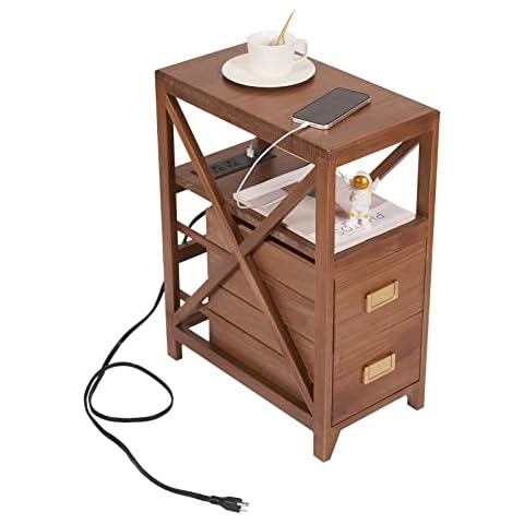 Fully Assembled Side Table with Charging Station, No Assembly Nightstand with USB Ports and Outlets, Narrow End Table for Living Room, Bedroom-Walnut Cover