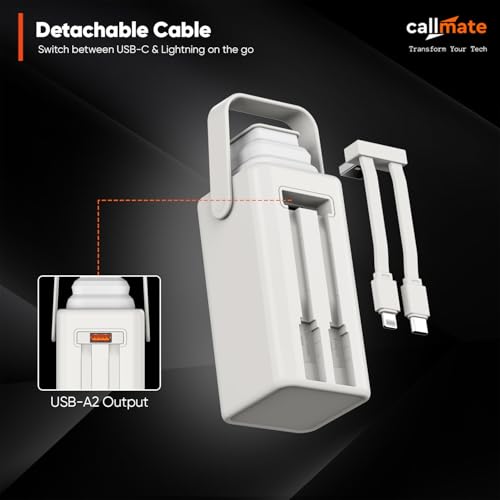 Image of CALLMATE Tripmate 20000mAh 23W Fast Charging Power Bank, USB-C PD + USB-A QC Output with Detachable Type-C & Lightn-ing Cable (LED Foldable Light with Digital Display)(Off-White)