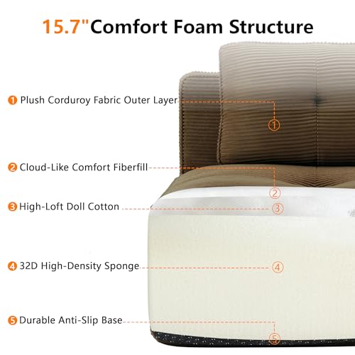Image of 116.1 inch Modular Sectional Boneless Sofa with 5-Seater, V-Shaped Corner Deep Seat Sofa for Living Room, Big Comfy Cloud Couch with 2 Movable Ottomans, Corduroy Fabric, No Assembly, Brown