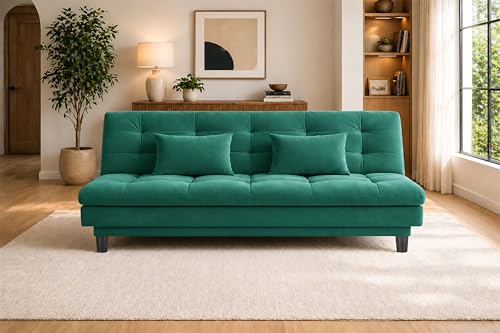 Image of 3-Seater Velvet Sofa Cum Bed, Tufted Convertible Sleeper Couch, Space-Saving Design, Comfortable Cushioned Seating - Green
