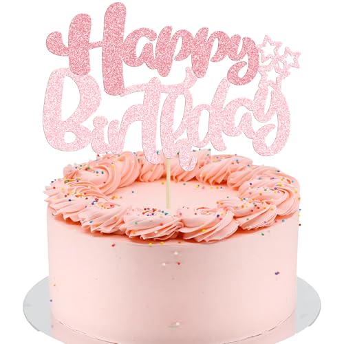 Ephlyn 1Pcs Happy Birthday Cake Topper Glitter Happy Birthday Cake Pick Decorations for Celebrating Happy Birthday Anniversary Theme Party Cake Decorations Supplies Pink Light Pink