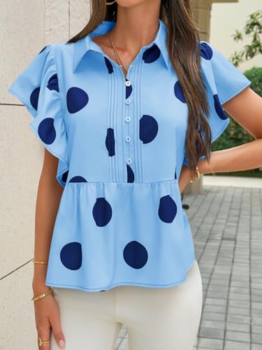 Cicy Bell Womens Polka Dot Babydoll Tops Ruffle Sleeve Peplum Blouse Summer | Half Button V-neck,Ruffle Hem,High Waisted,Flattering Lightweight Fabric,Flowy Babydoll Blouse,Match Dressy Top, Machine Wash — view 3