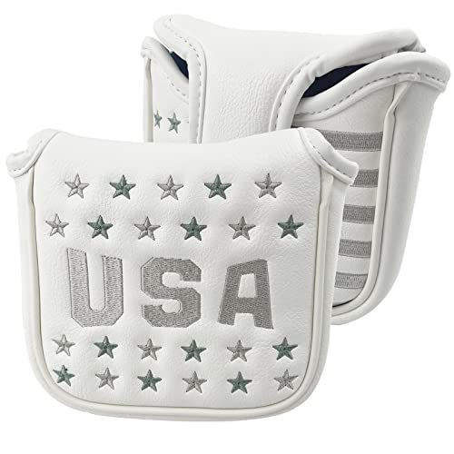 Gbourly Golf Club White USA Patriotic Square Mallet Putter Cover Magnetic Heel Shafted PU Leather Headcover