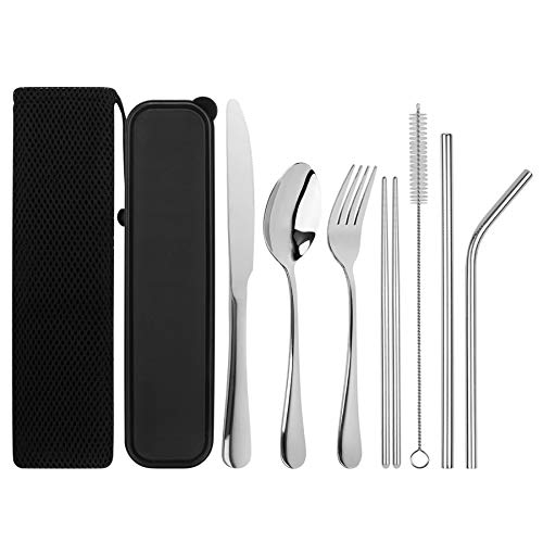 Kirecoo Travel Utensils with Case - Reusable Portable Travel Cutlery Set with Knife Fork Spoon Chopsticks Cleaning brush Metal Straws, Stainless steel Flatware set for Office Lunch Box