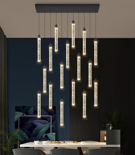 Image of Rectangular Chandeliers 17-Lights Long Light for Entryway LED Dimmable Chandeliers Lighting Fixture Flat Sloped High Ceiling Pendant Lights Crystal for Living Room Foyer Hallway Staircase Black