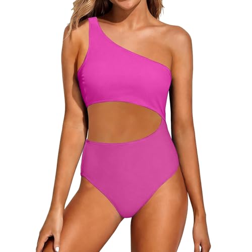 Traje De Baño Mujer Bañadores Reductores Vientre Traje De Baño Un Solo Hombro para Mujer con Recortes Bikini Parte Arriba Bañadores Dos Piezas (Watermelon Red L)