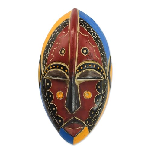 NOVICA Artisan Handcarved African Wood Mask Wooden Igbo Brown Black Yellow Blue Ghana Masks [9.75in H x 5.25in W x 2.4in D] ' Uzoma'