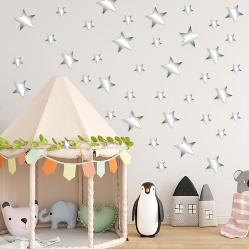 40 Stück Silberne Sterne, 3D Acryl Sterne Gespiegelte Abziehbilder, Sternenhimmel zum Kleben Wandaufkleber Sticker Wanddeko, Silberfarbene Wanddekoration für Baby, Kinder, Mädchen
