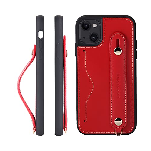 iPhone 14 ケース 本革 グリップケース レザー ストラップ付属 イタリア製牛革 ヌメ革 片手操作 カード収納 スタンド機能 メンズ レディース レッド CGH-14-Red