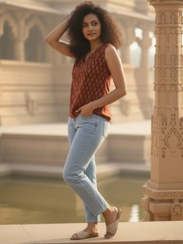 Image of Varanga Women Buti Printed Cotton Top | Sleeveless V-Neck | Bohemian Style | Lightweight & Breathable | Effortless Everyday Casual Wear
