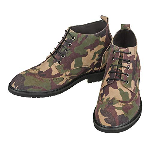 CALTO Men's Invisible Height Increasing Elevator Shoes - Camo Green Premium Leather Lace-up Lightweight Wing-tip Work Boots - 3 Inches Taller - S3651 - Size 8 D(M) US4