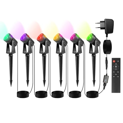 Herrselsam LED Gartenbeleuchtung mit Erdspieß, 6er Set Gartenleuchte, RGB Farbwechsel, IP65 Wasserdicht, LED Gartenstrahler mit Stecker, Gartenlampe...
