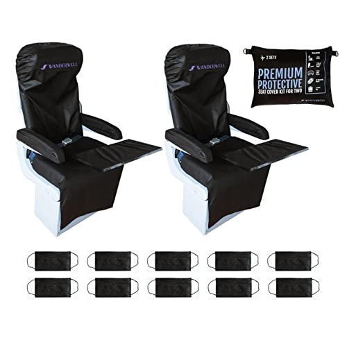 Two Business and First Class Reusable Airplane Seat Covers | Thickest and Largest on the Market | Set Includes Armrest and Tray Table Covers Plus 10 Disposable Face Masks | Airplane Travel Essentials | Black