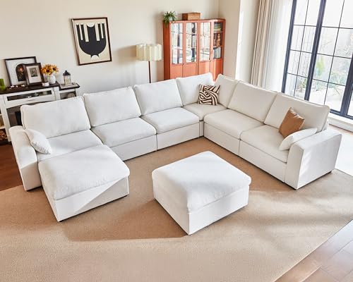 Image of 155.9'' Oversized Modular Sectional Sofa Plush Cloud Couch with Storage, Convertible Deep U-Shaped Couch with Chaises for Living Room, 6-Seater with Corner and 2 Ottomans, Chenille, White