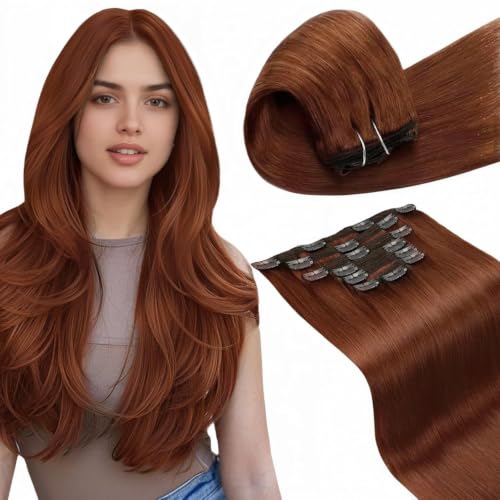 Image of LaaVoo Clip in Extensions Human Hair Auburn Clip in Hair Extensions Real Human Hair Reddish Brown Auburn Hair Extensions Clip ins Real Human Hair Long Straight 7pcs 135g 20inch