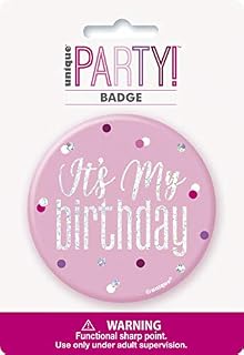 Unique Party 83527 Pink Birthday Badge Silver | 1 Pc, Happy
