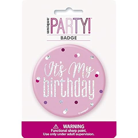 Unique Party 83527 Pink Birthday Badge Silver | 1 Pc, Happy Cover