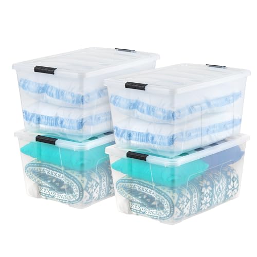 IRIS USA 94 Qt Stackable Plastic Storage Bins with Lids, 4 Pack – BPA-Free, Made in USA – See-Through Organizing Solution, Latches, Durable Nestable Containers, Secure Pull Handle – Clear