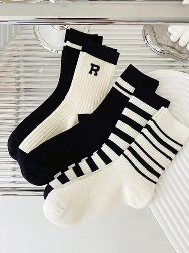 Image of SHENHE Women's 5 Pairs Striped Socks Knitted Mini Crew Retro Sports Quarter Socks Black and White 36-39