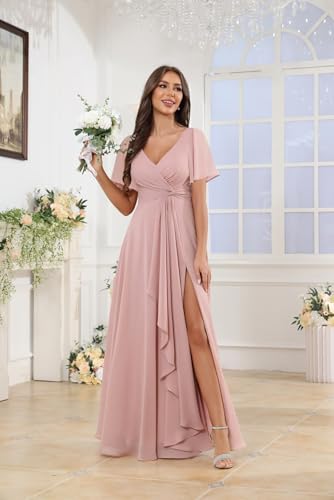 Image of HANVAIOS Long Sage Green Bridesmaid Dresses for Wedding Chiffon V Neck Short Sleeve Evening Gown with Slit Pocket Size 8