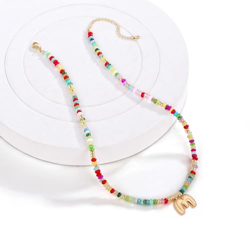 YOUFENG Initial Letter Necklaces for Women Colorful Beaded Gemstone Choker 14K Gold Bubble Letter Pendant Necklace Natural Stone Handmade Jewelry Gift2