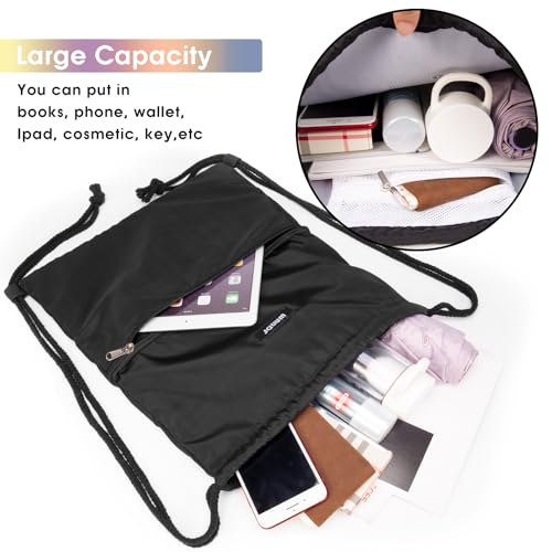 WANDF Rucksack mit Kordelzug Turnbeutel Sportbeutel Gym Bag Mit Aussentasche Verstellbar Tunnelzug Gymsack für Damen Herren Kinder mit Innentasche 11 Liter für Sport und Reisen (A - Schwarz)