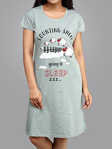 Image of Meerkat Women Short Sleeve Knee Length Cotton Knits Printed Short Nighty /Long Shirt /Midi