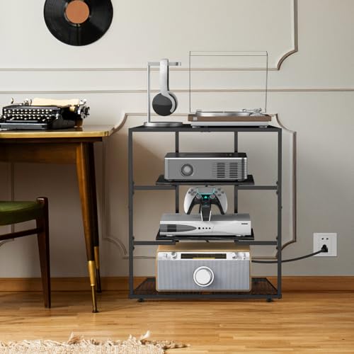 YBING 4-Tier AV Media Stand, Stereo Stand Cabinet, Media Shelf, Video Game Console with Charging Station, Record Player Stand, Corner TV Shelf, Black Entertainment Center for TV - Image 6