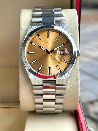 Image of AMERICANVIBER Men's Silver Stainless Steel Watch, Vibrant Green Sunburst Dial, Quartz Analog Movement, Date Display, Faceted Bezel for Men