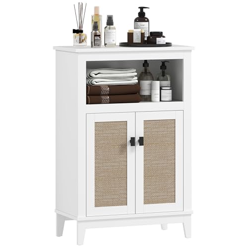 HOMCOM Mueble Auxiliar de Baño con Frontal de Ratán Armario de Baño con 2 Puertas Compartimento Abierto Estante Ajustable 60x30x90 cm Blanco