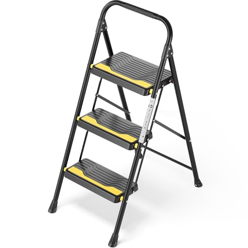 Urackify Trittleiter 3 Stufen Klappbar Leiter, Hochbelastbar bis 150 kg, Tritt Breite Rutschfeste Stufen, Handlauf, Kompakte Haushaltsleiter Stehleiter für Haushalt Küche, Büro, Vorratskammer, Schwarz