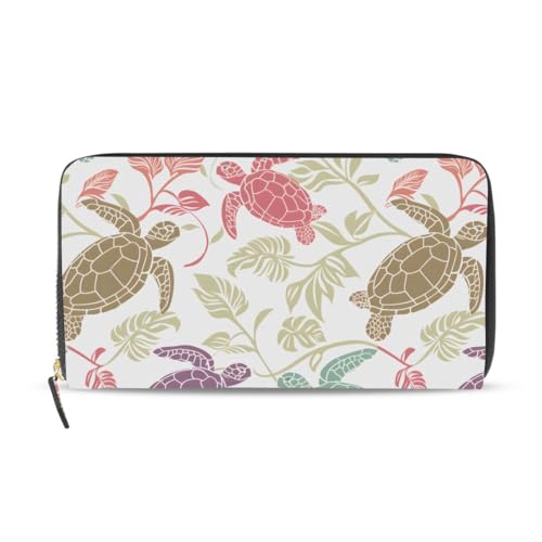 Women PU Leather Wallet Multicolor Turtles and Tropical Leaves Pattern Money Credit Card Holder Organizer Purse