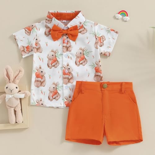 Image of Owl's-Yard Baby Boy Easter Outfits Rabbit Carrot Short Sleeve Button Down Shirts and Solid Color Shorts 2 Pcs Summer Set