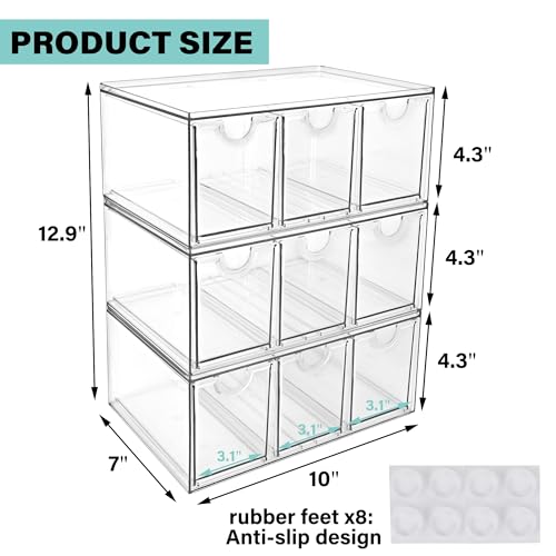 Image of Prsildan Craft Art Supply Organizer Stackable Storage Drawer with 9 Drawers | Clear Acrylic, Tea Bag K Cup Organizer, for Kitchen Office Desk Vanity Makeup Organizer, 3 Pack