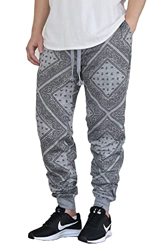 AIRNINE Men's Bandana Fleece Jogger Pants Sweatpants (S to 3XL) (Medium, Grey_AJ908)