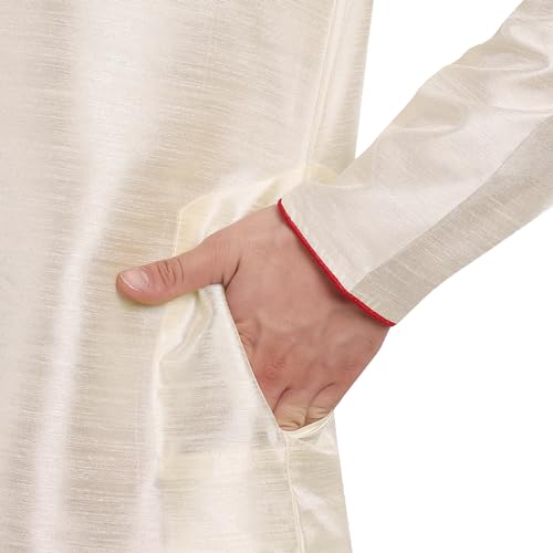 Image of SKAVIJ Mens Silk Blend Kurta Pyjama Set(Off White Large)