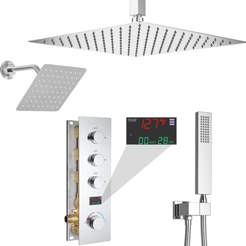 Système de douche avec affichage de température et double pommeau pluie 12 et 8 pouces