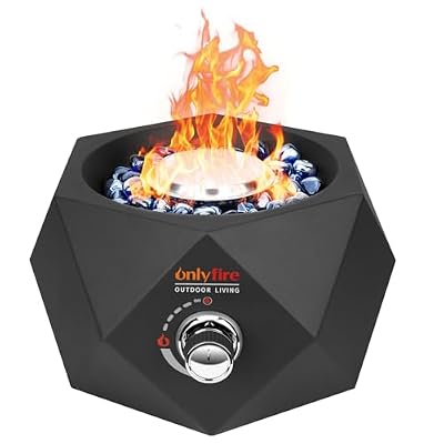ONLYFIRE OUTDOOR LIVING Propane Gas Fire Pit Bottom-Mounted, 14" Portable Gas Firepit with Glass Stones for Table with Umbrella Hole for Outdoor Patio Camping Bonfire RV, #FP003