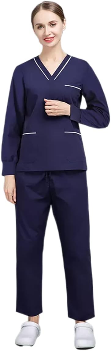 Scrub Set V-Neck Uniform Women Long Sleeves Medical Workwear Tops/Pants Beauty Salon Spa Shirt Pet Grooming Unisex