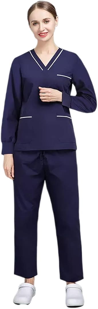 Scrub Set V-Neck Uniform Women Long Sleeves Medical Workwear Tops/Pants Beauty Salon Spa Shirt Pet Grooming Unisex