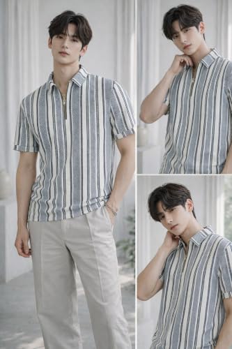Image of London Hills Men's Loose Fit Half Sleeve Vertical Striped Polo T-Shirt with Zip Collar | Premium Polyester Fabric | T Shirt for Man | Tshirt | Shirts Men | Tshirt for Man | Men T-Shirts