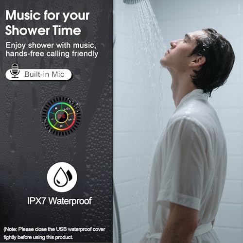 Image of Bluetooth Speaker, Shower Speaker IPX7 Waterproof, Speakers Bluetooth Wireless with Rich Bass, Portable Speaker with LED Light, Suction Cup,8H Playtime, for Bathroom Party Beach, Ideal Gifts, Black