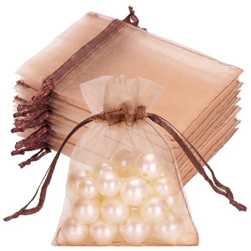 Image of joycraft 50Pcs Light Brown Organza Bags - 2.7x3.5 In Sheer Jewelry Mesh Pouch, Small Party Favor Drawstring Pouch for Wedding, Birthday, Baby Shower, DIY Craft
