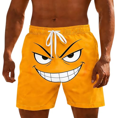 Funny Emotional Print Shorts Mens Swim Trunks with Pockets Fashion Cool 4-Way Stretch Swimming Shorts Yellow Quick Dry Board Shorts Beach Swimsuit