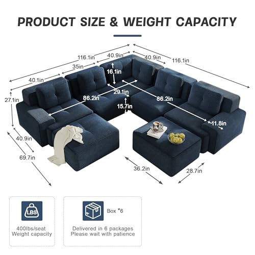Image of 116.1 inch Modular Sectional Boneless Sofa with 5-Seater, V-Shaped Corner Deep Seat Sofa for Living Room, Big Comfy Cloud Couch with 2 Movable Ottomans, Corduroy Fabric, No Assembly, Blue