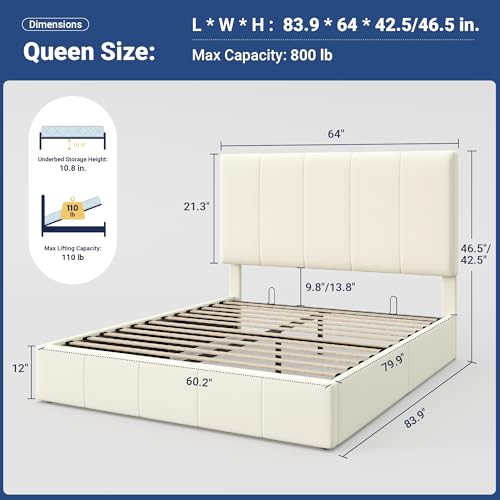 Image of Allewie Queen Size Velvet Lift Up Hydrualic Storage Bed Frame, Cream