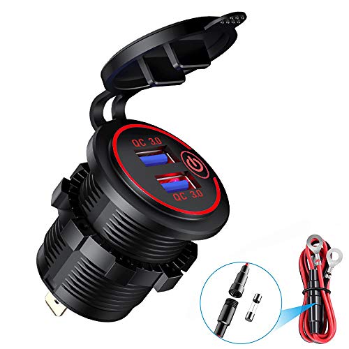 YGL Carga Rapida 3.0 Cargador de Coche dual USB con Interruptor,Impermeable 36W 12V USB Outlet Cargador rápido para Coche Barco Motocicleta(rojo) Cover