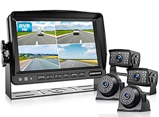 Fookoo HD 1080P 7" Wired Backup Camera System, 7-inch Quad Split Screen Monitor W/Recording, IP69 Waterproof Side View Rear View Cameras, Parking Lines for Truck/Trailer/RV/Tractor/ 5th Wheel (DY704)